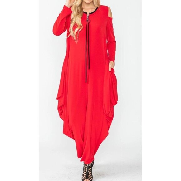 IC by Connie K M Cold Shoulder Jumpsuit 1/2 Zip Women Size S Red Advant-Garde